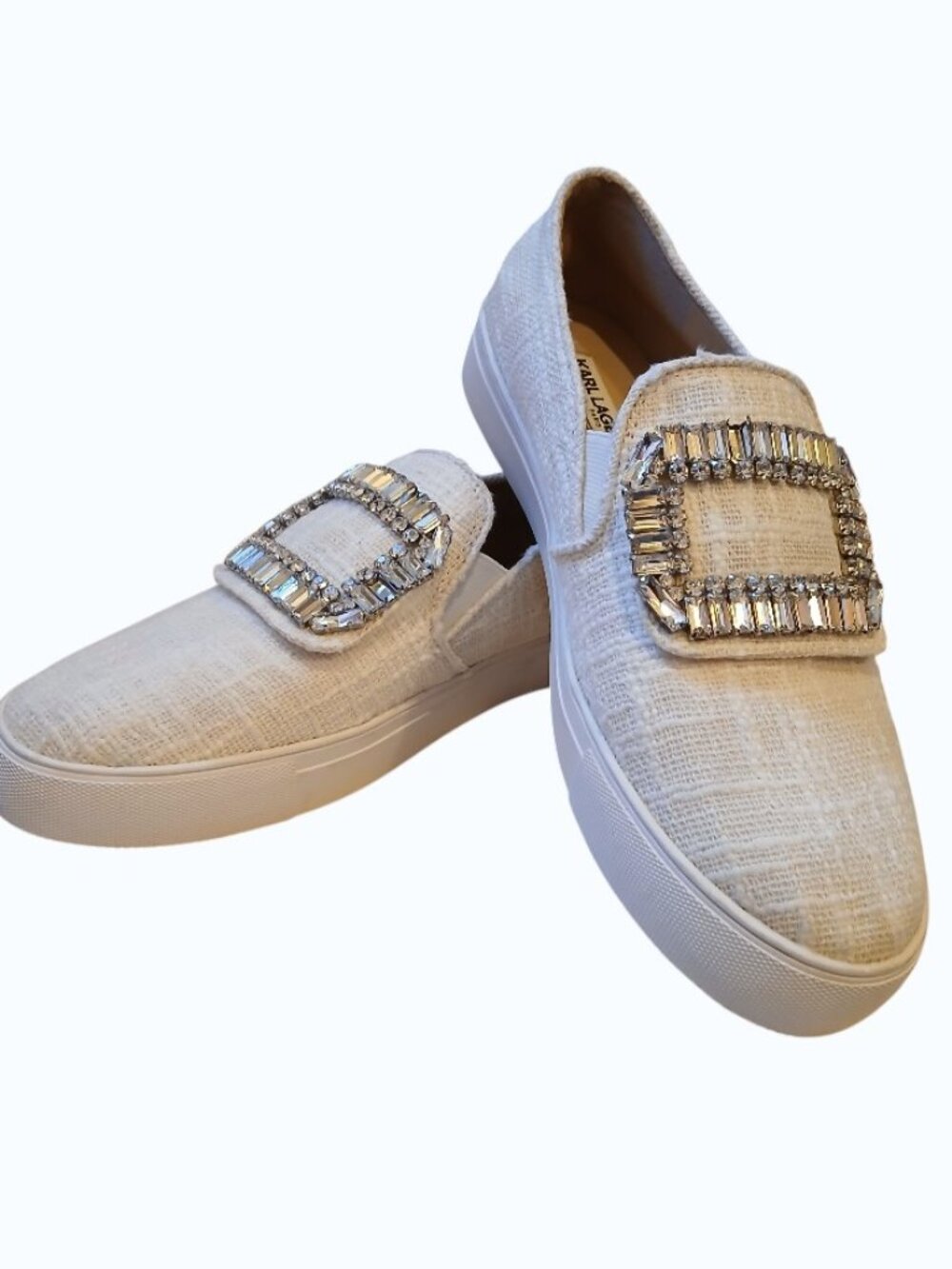 KARL LAGERFELD Cream Textured Emerine2 Slip on with Rhinestone Buckle - EUC